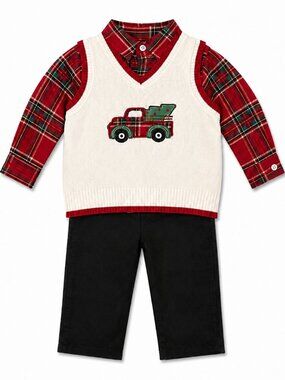 NWT Baby Essentials 3-Piece Baby Boy Christmas Outfit Plaid Truck